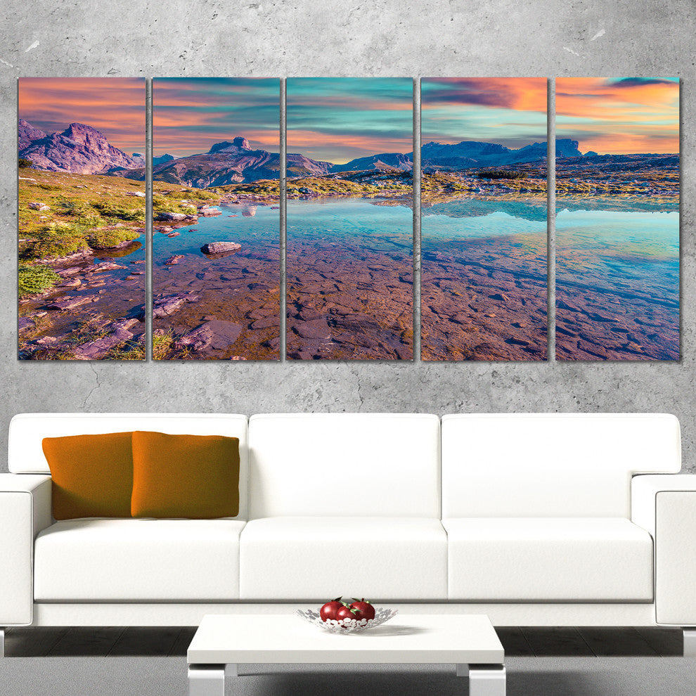 Beautiful Lake in Lago Rienza, Seashore Canvas Print, 60"x28", 5 Panels