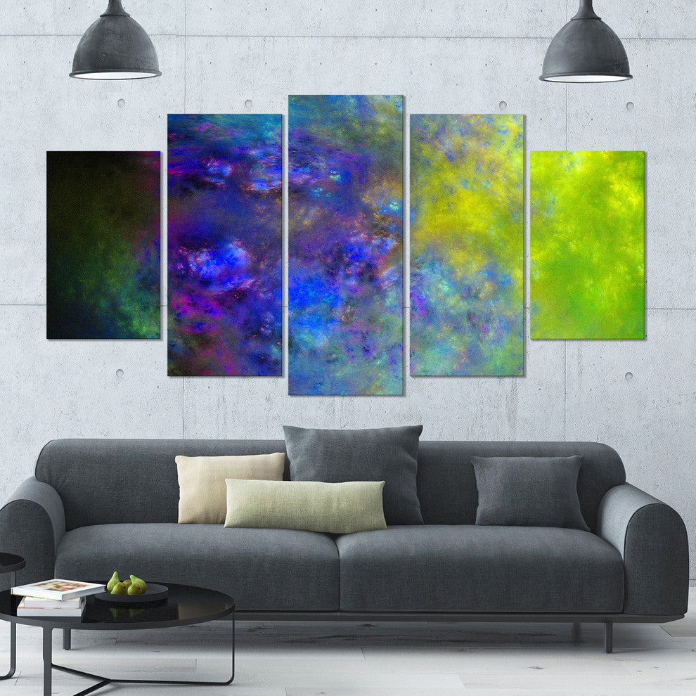 Blue Green Starry Fractal Sky, Contemporary Canvas Art Print, 60"x32", 5 Panels