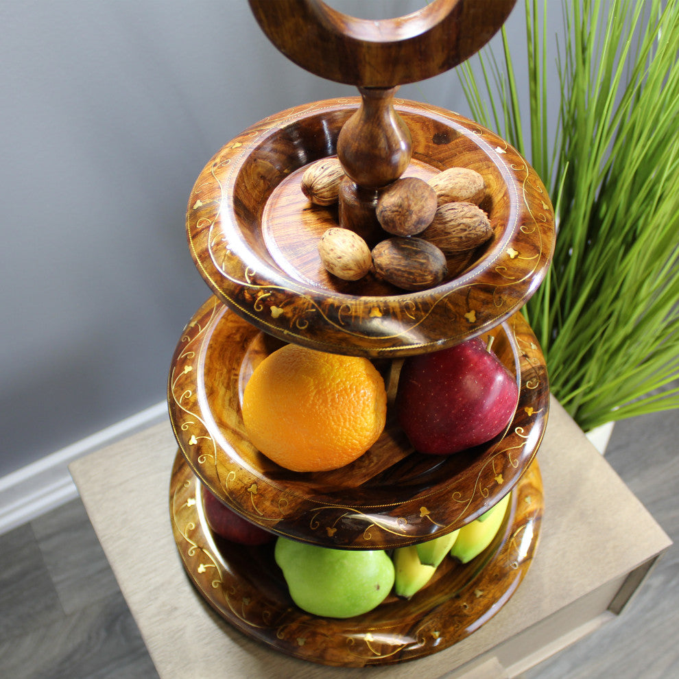 Natural Geo Rosewood Decorative Tiered Stand With Golden Brass Inlay