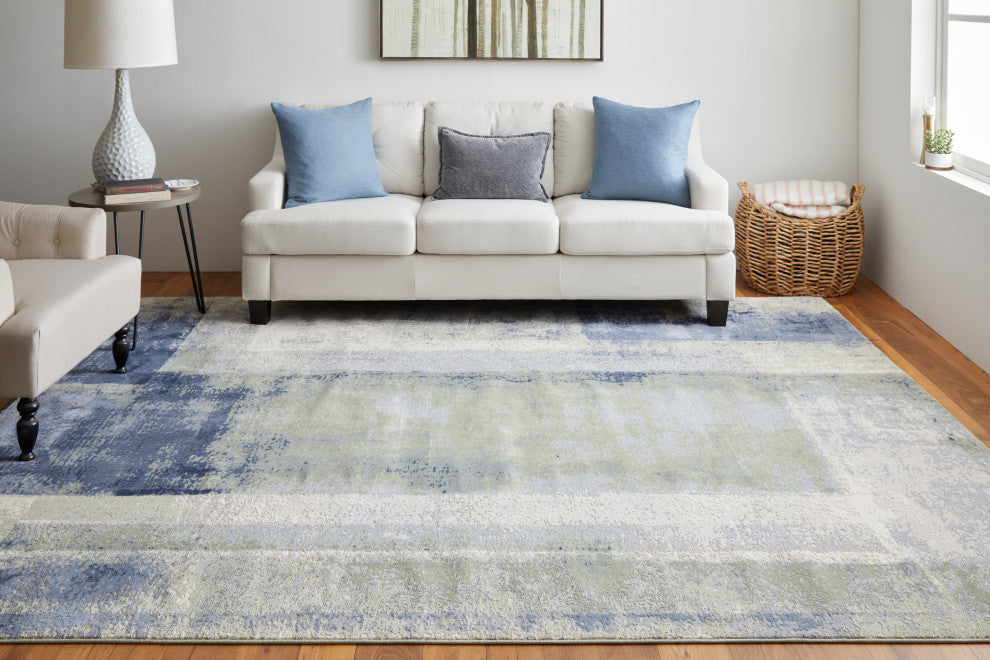 Takara Modern Abstract, Blue/Green/Ivory, 12'x15' Area Rug