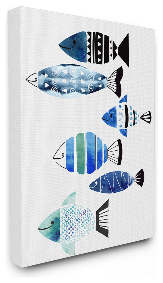 Collage Tropical Blue Green and Black Patterned Fish Stretched Canvas, 24"x30"