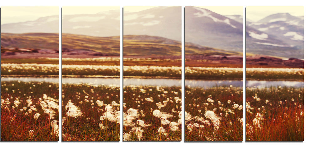 Cotton Flowers with Hills on Background, Floral Canvas Print, 60"x28", 5 Panels
