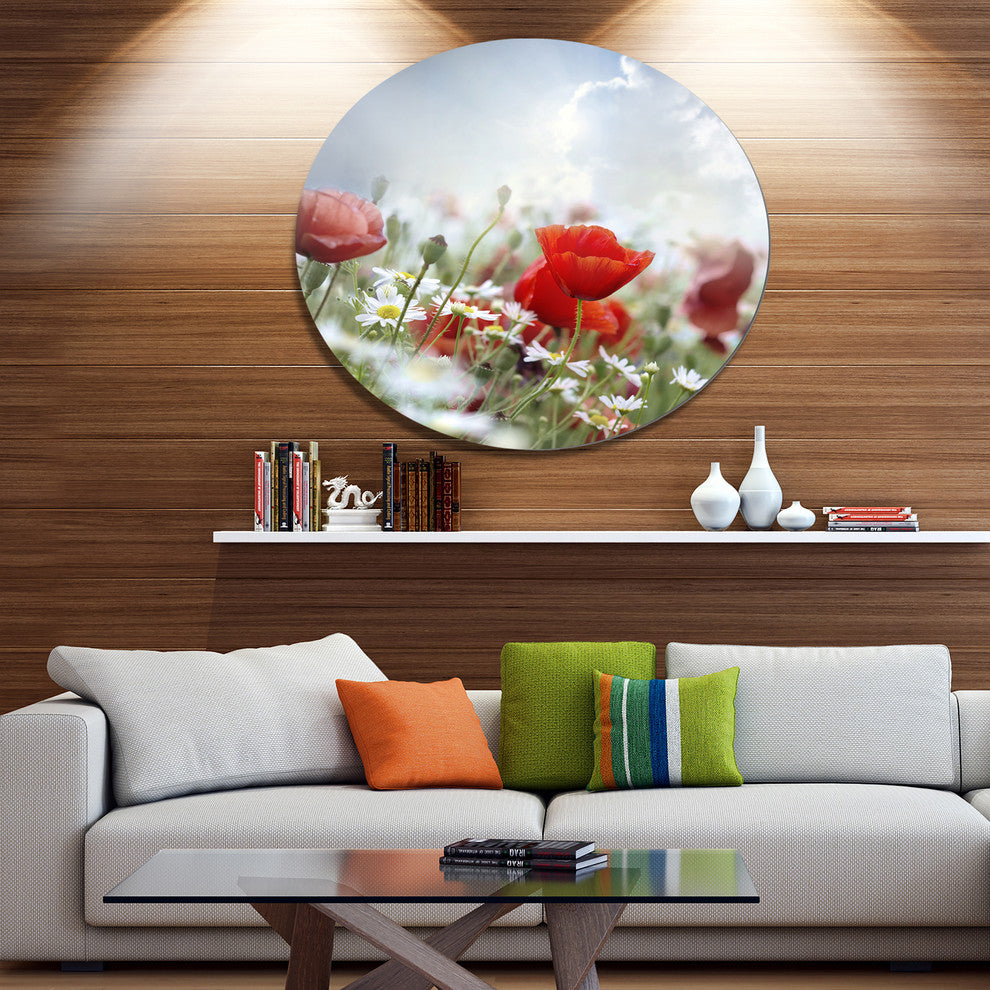 Red Poppies On Cloudy Background, Modern Floral Round Wall Art, 11"