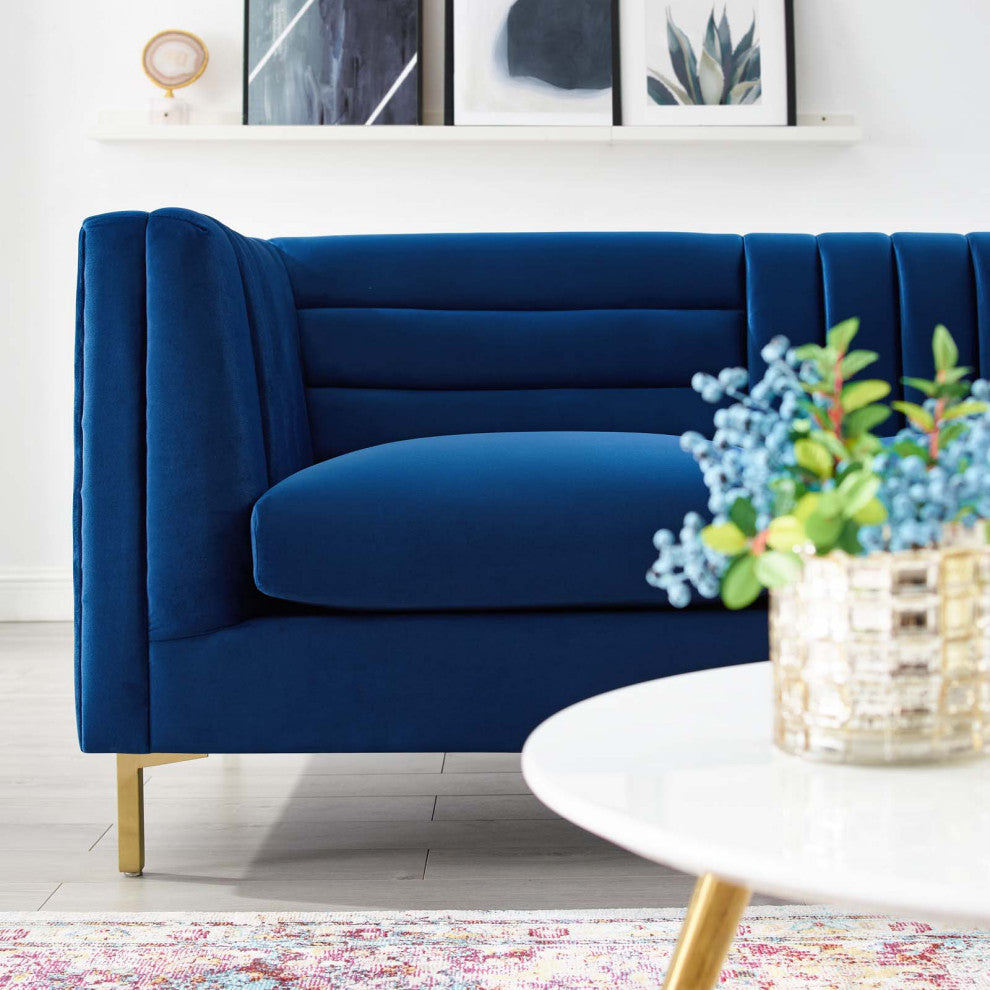 Modern Designer Lounge Lobby Sofa, Velvet Fabric Metal Steel, Navy Blue