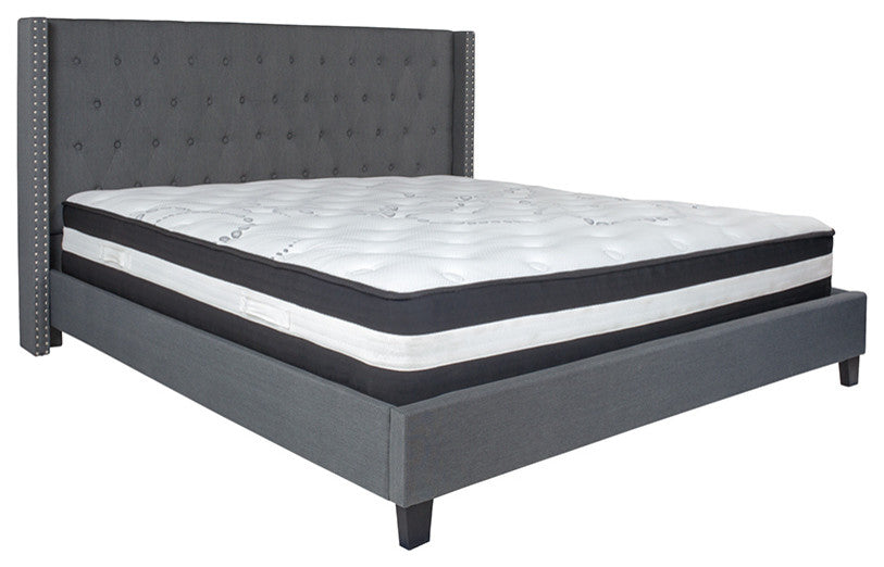 King Size Tufted Platform Bed in Dark Gray with Pocket Spring Mattress