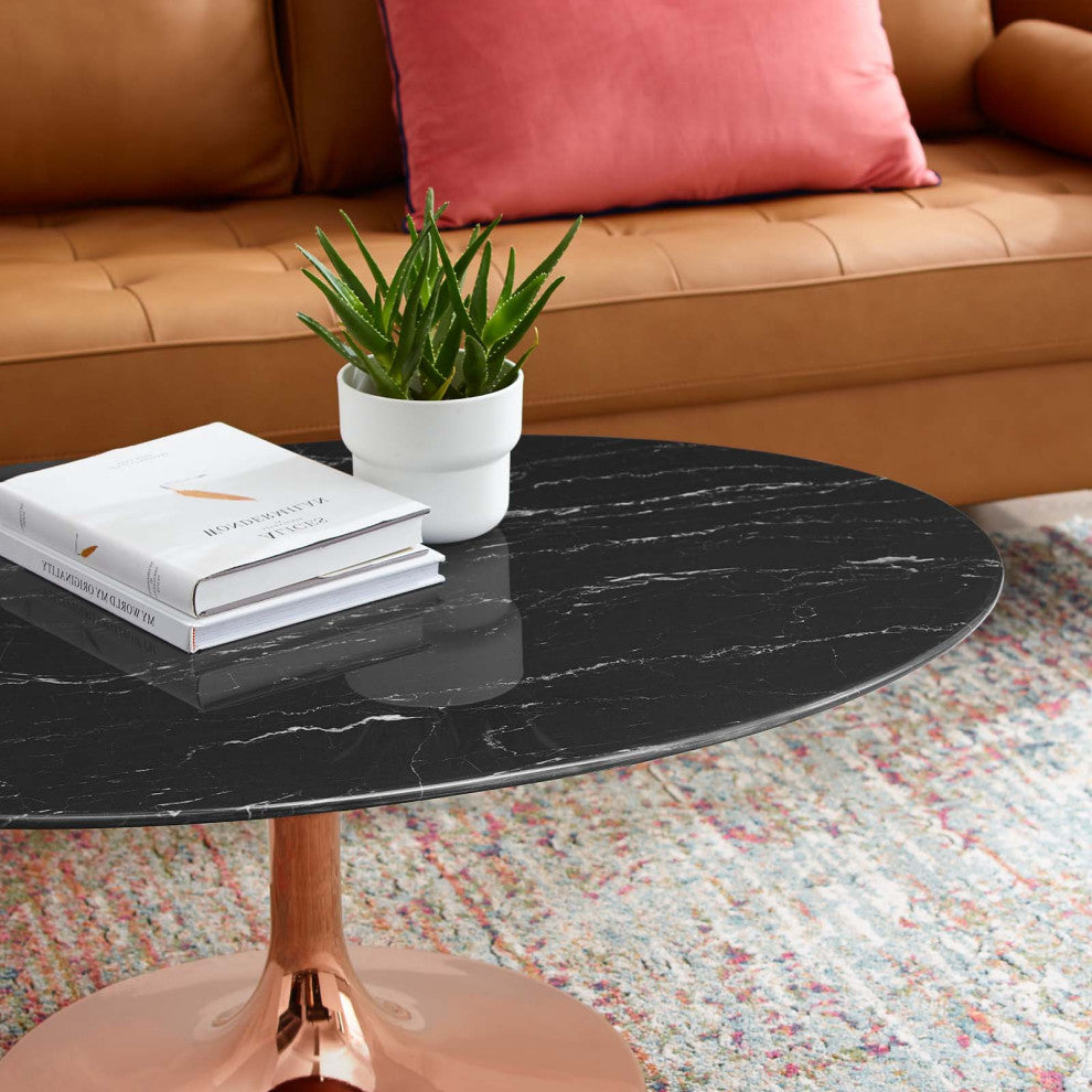 Coffee Table, Oval, Artificial Marble, Metal, Rose Gold Black, Modern, Lounge