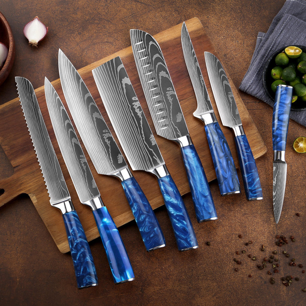 16-Piece Acacia Wood Kitchen Knife Block Set - Blue Resin Handles