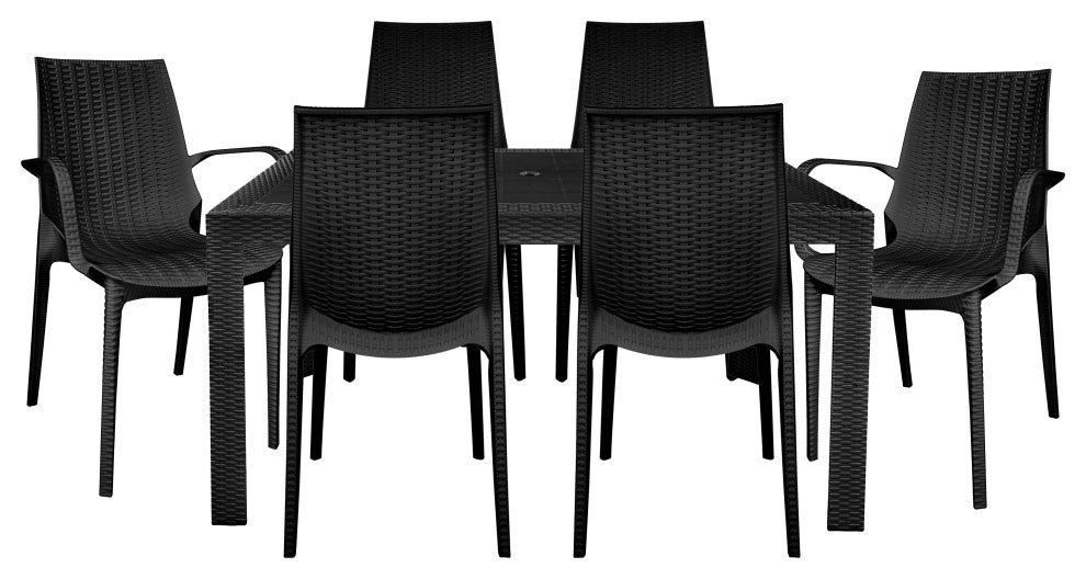 LeisureMod Kent 7-Piece Dining Set with 4 Side Chairs 2 Arm Chairs, Black