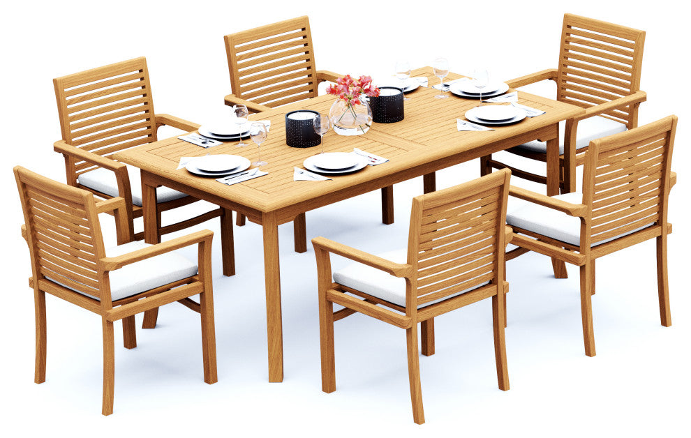 7-Piece Outdoor Teak Dining Set: 71" Rectangle Table, 6 Mas Stacking Arm Chairs