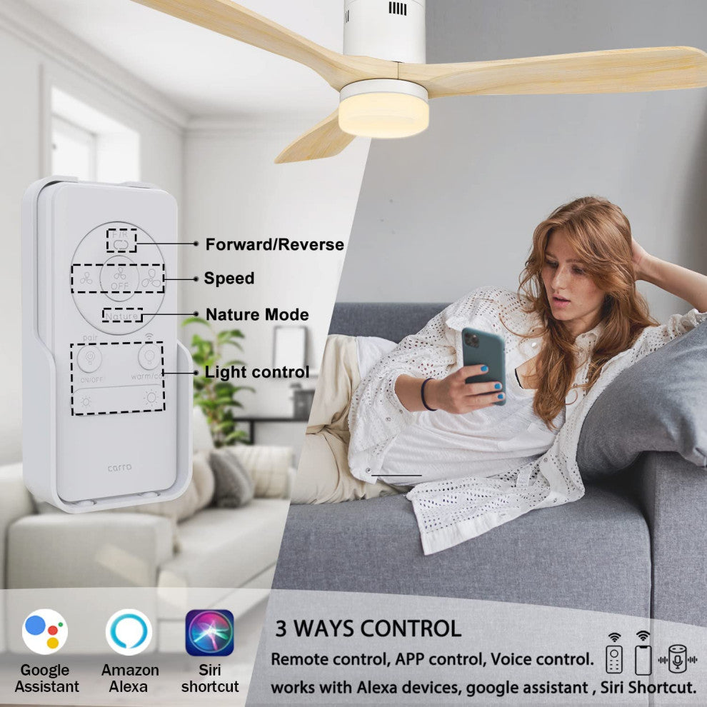 52'' 3 Blade Smart Rustic Ceiling Fan With Dim Light and Remote Control
