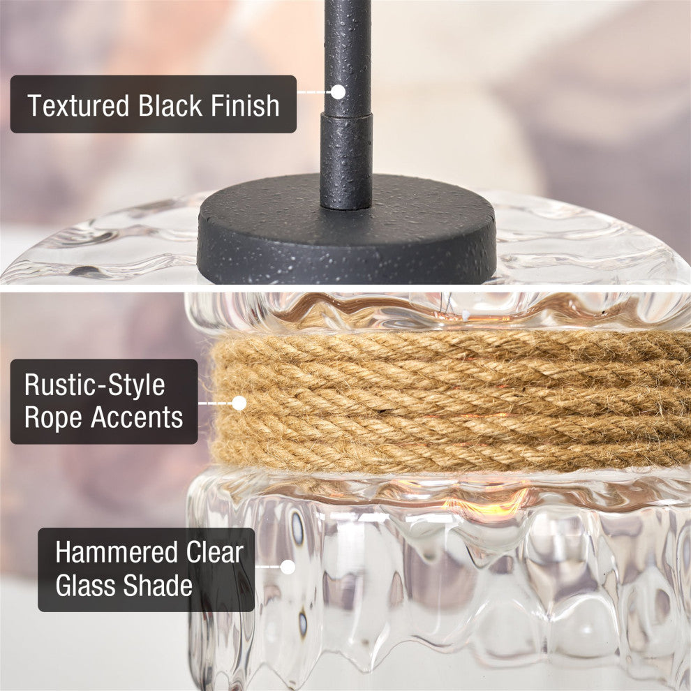 Kira Home Sage 10" Modern Pendant Light + Hammered Glass Shade, Textured Black