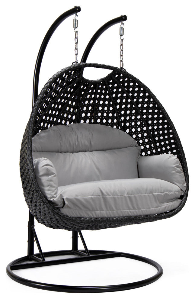 LeisureMod Mendoza Charcoal Wicker Hanging Double Egg Swing Chair, Light Gray