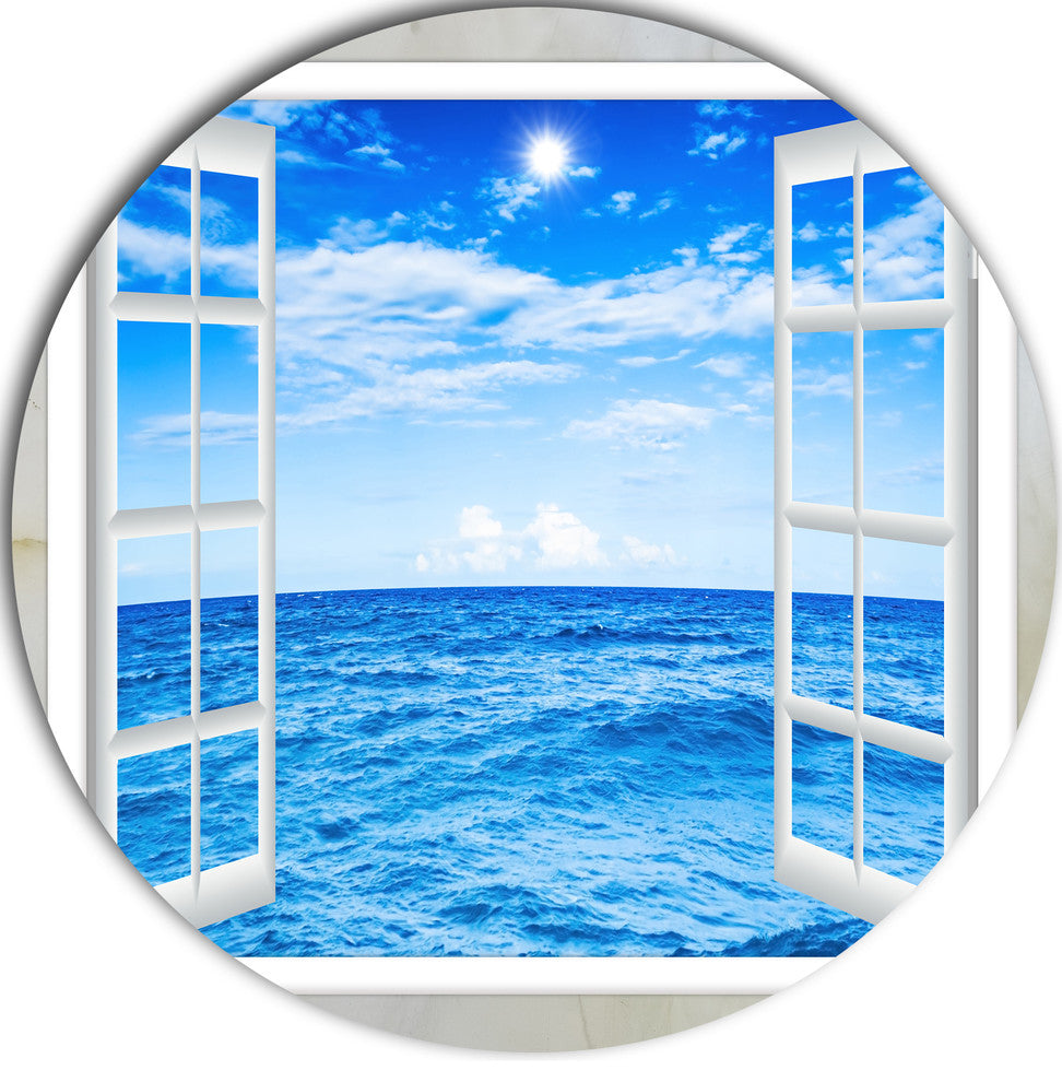Window Open To Blue Wavy Ocean, Seashore Disc Metal Artwork, 11"