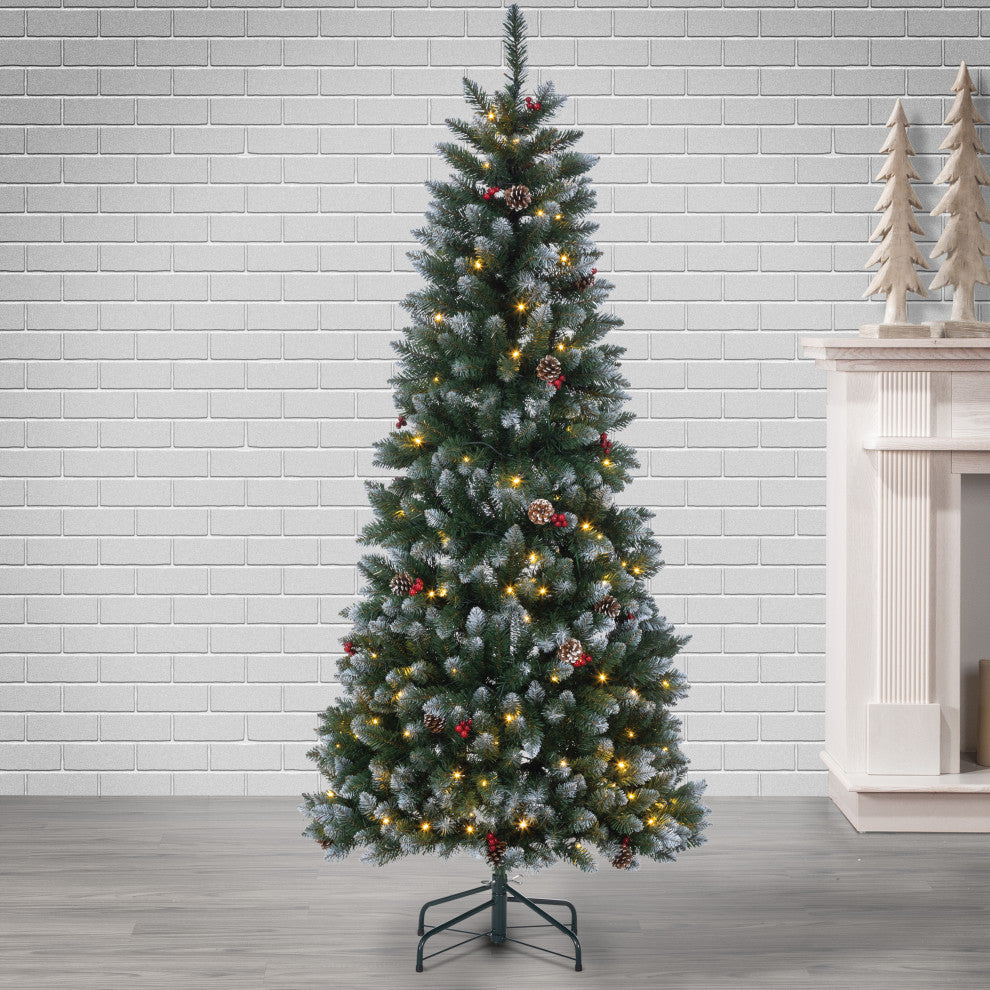 Pop-Up 6' LED Flocked Pine Tree, Warm white LED lights, Pine Cones/Red Berries
