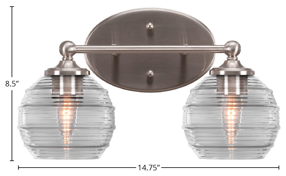 Capri 2-Light Bath Bar, Brushed Nickel/Clear Ribbed