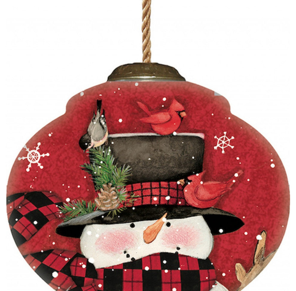Plaid Snowman and Cardinals Hand Painted Mouth Blown Glass Ornament