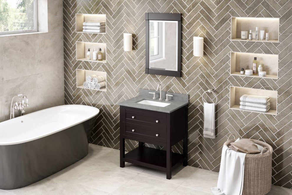Astoria Transitional 30" Espresso Vanity, Steel Grey Cultured Marble Vanity Top