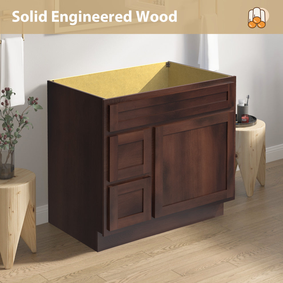 Vanity Art Vanity Base Cabinet, No Top, Drawers on Left, 36", Brown