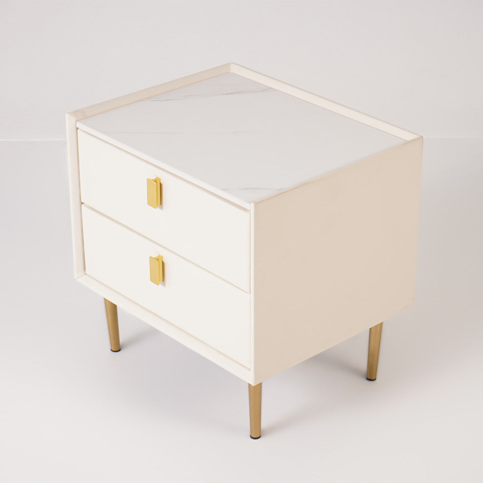 2 Drawers Nightstand PU Leather Bedside Table Nightstand with Gold Metal Legs
