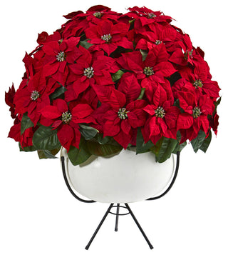 33" Grand Poinsettia Artificial Arrangement, White Vase With Metal Stand