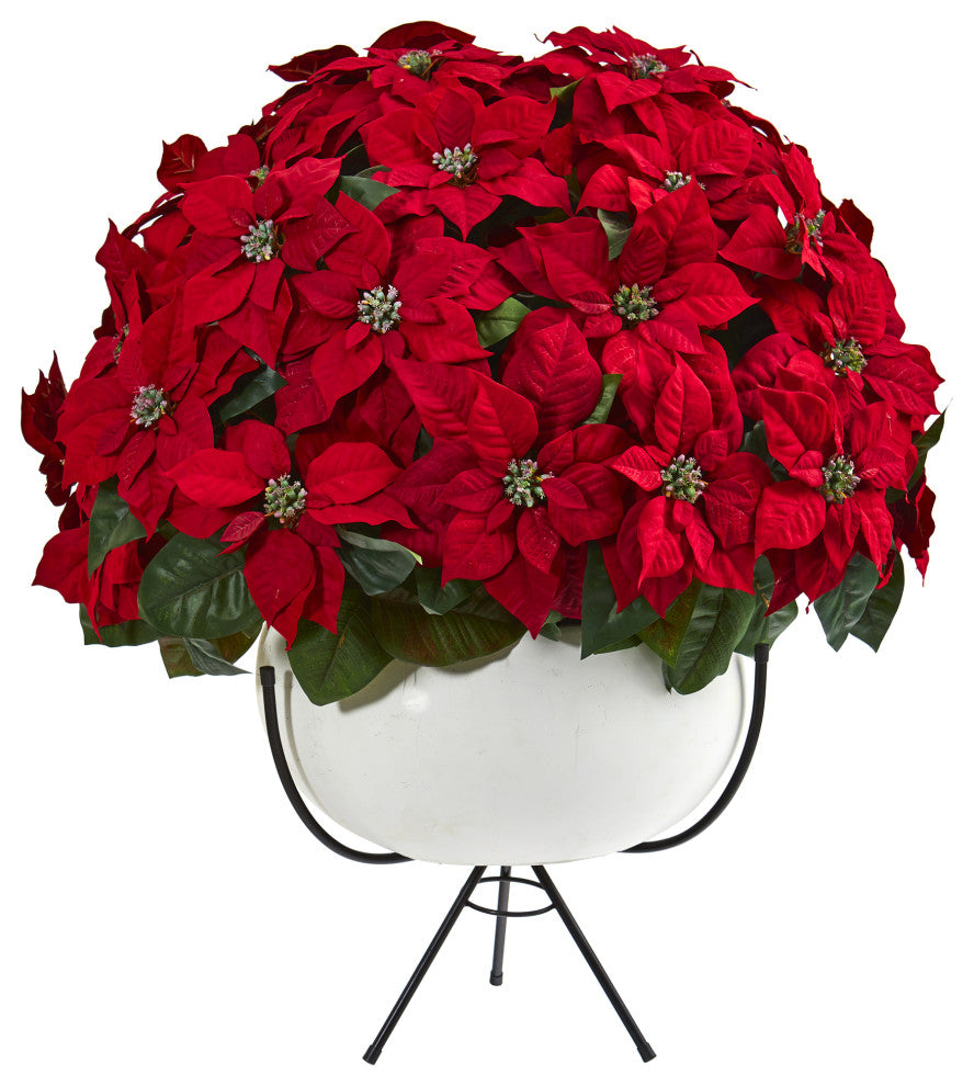 33" Grand Poinsettia Artificial Arrangement, White Vase With Metal Stand