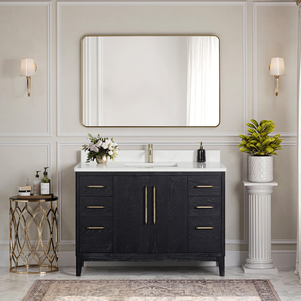 Gara Bath Vanity, Stone Top, Fir Wood Black, 48", Single Vanity, With Mirror