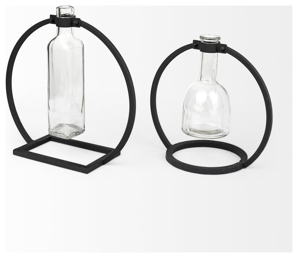 Modern Industrial Black Rectangle Metal and Glass Vase