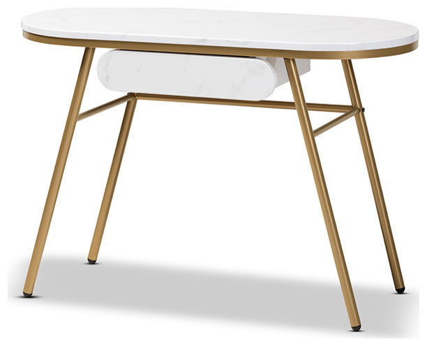 Modern Contemporary Gold Finished Metal Console Table With Faux Marble Tabletop