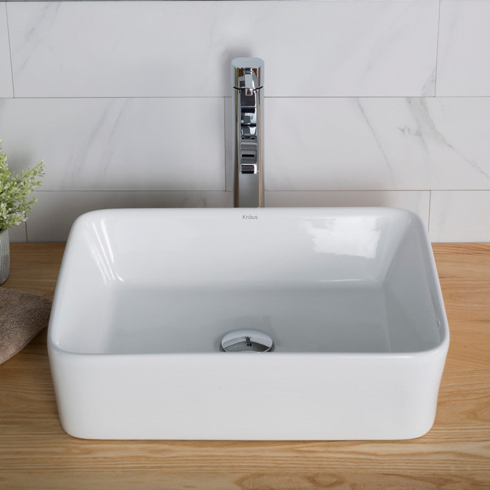 Elavo Square Ceramic Vessel Sink, Bathroom Ramus Faucet, PU Drain, Chrome