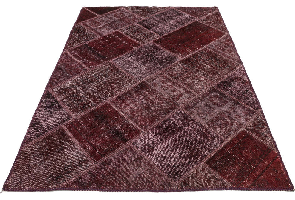 Red Patchwork Hand-Knotted Turkish Rug 3' 11" x 5' 11", 47 in. x 71 in.