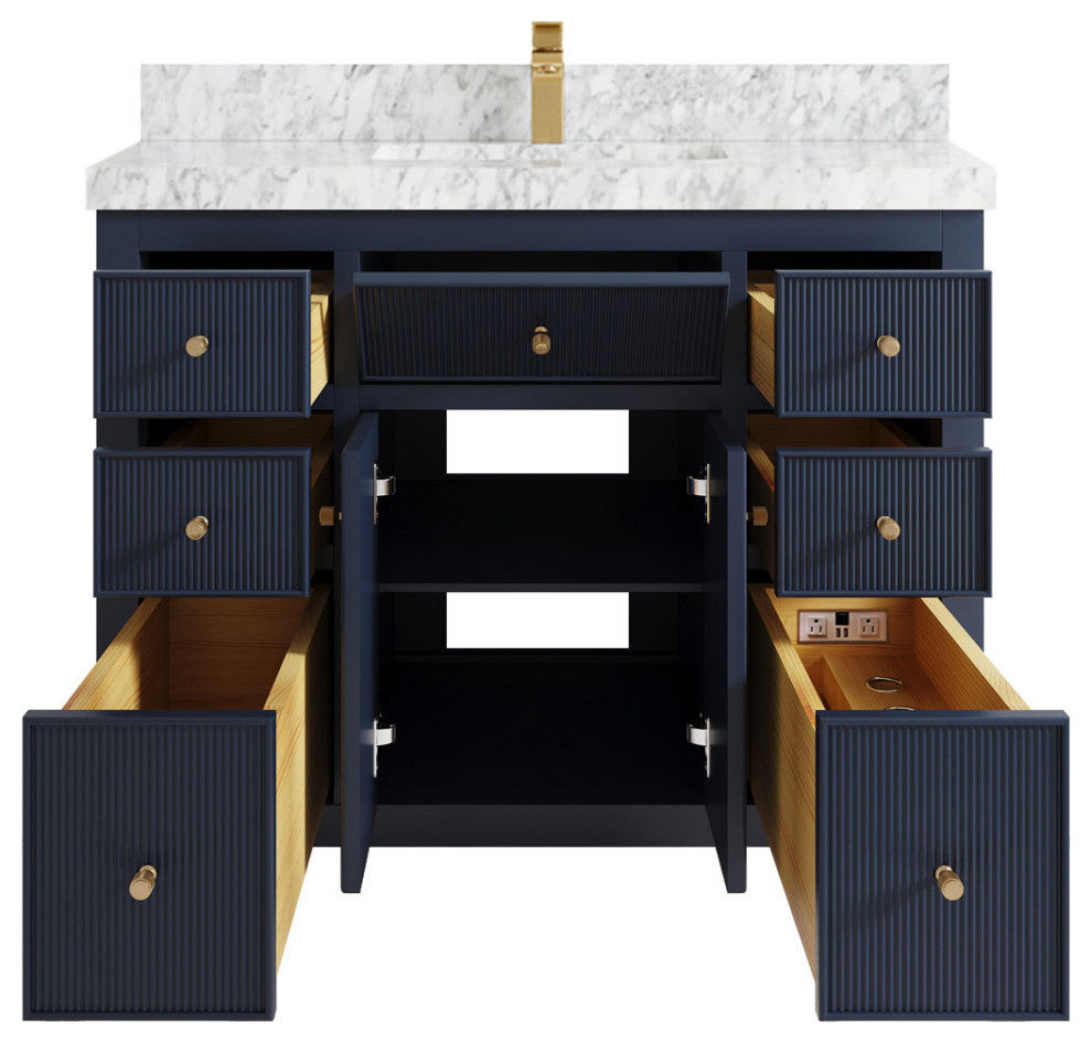 Sonoma 42 Single Sink Reeded Bath Vanity in Hale Navy Blue 2" Carrara Marble