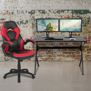 Gaming Desk & Red Racing Chair Set w/Cup Holder, Headphone Hook & 2 Wire Holes