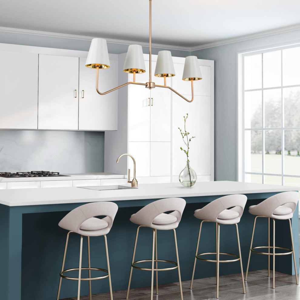 4-Lightsmatte Gold and White Fabric Shade Modern Linear LED Kitchen Island Lamp