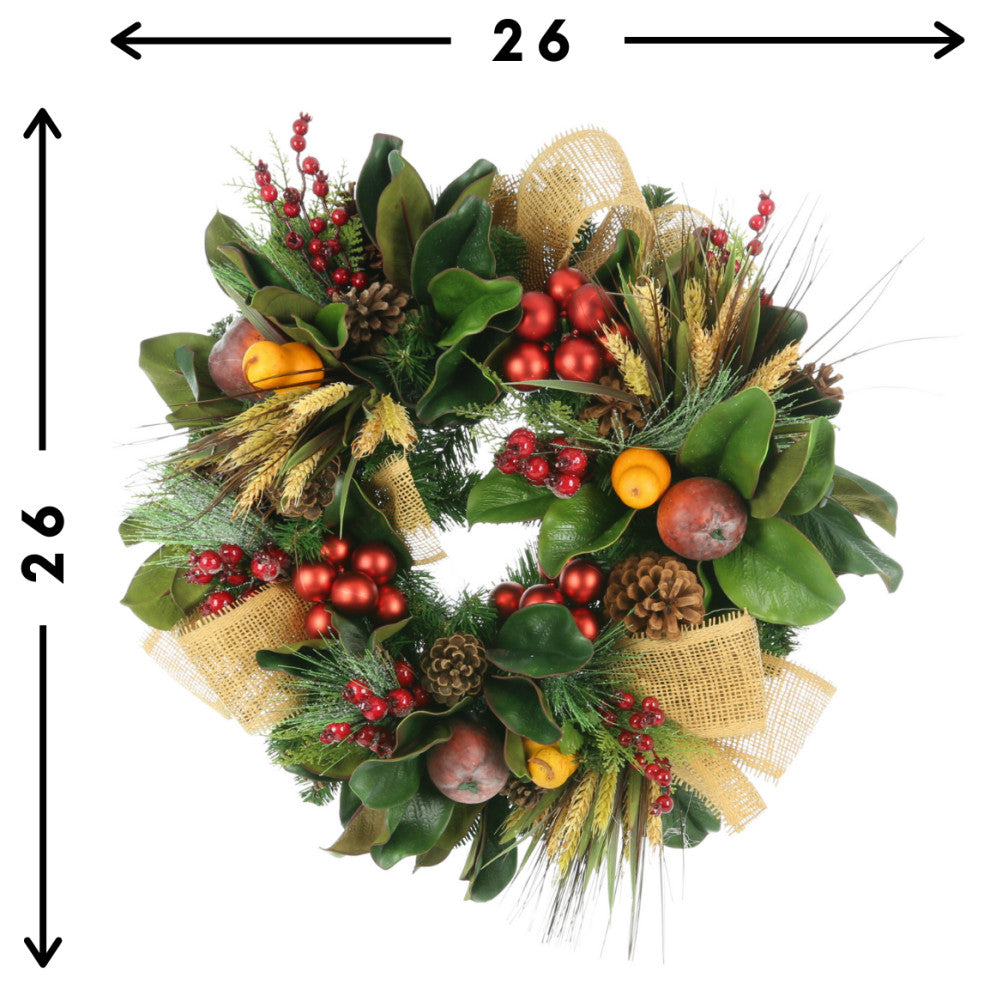 Wreath With Bows, Wheat, Pears, Red Picks, Red Matte Balls, And Magnolia Leaves.