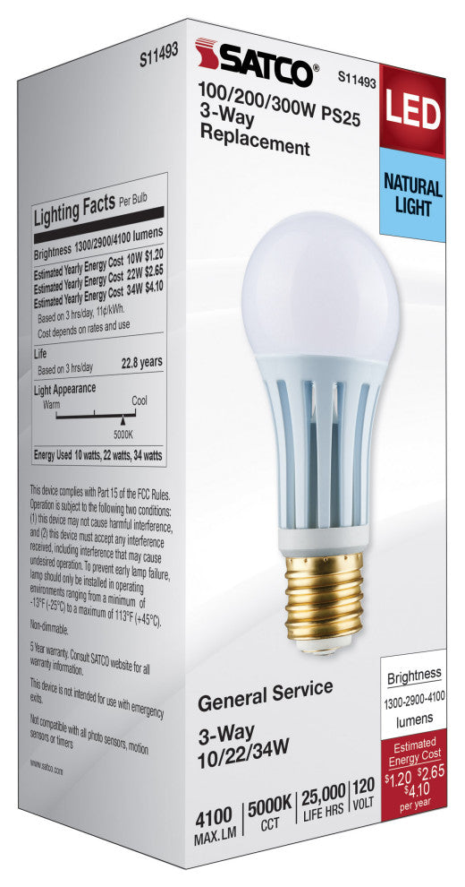 10/22/34W PS25 LED Three-Way Lamp, E39d Mogul Base, 5000K, White Finish, 120