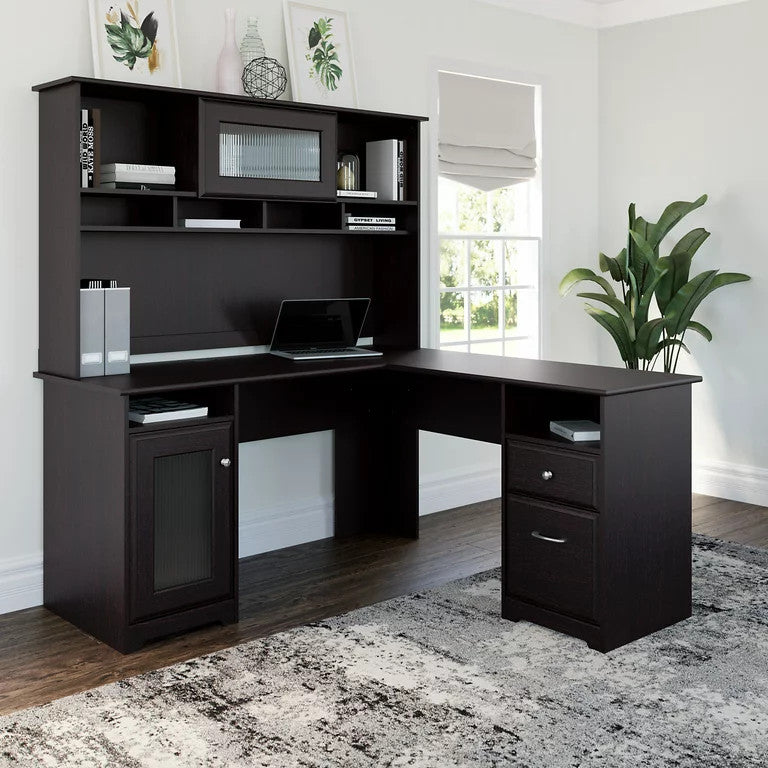 L-Shaped Desk With Hutch, Multiple Cabinets & Open Compartments, Espresso Oak