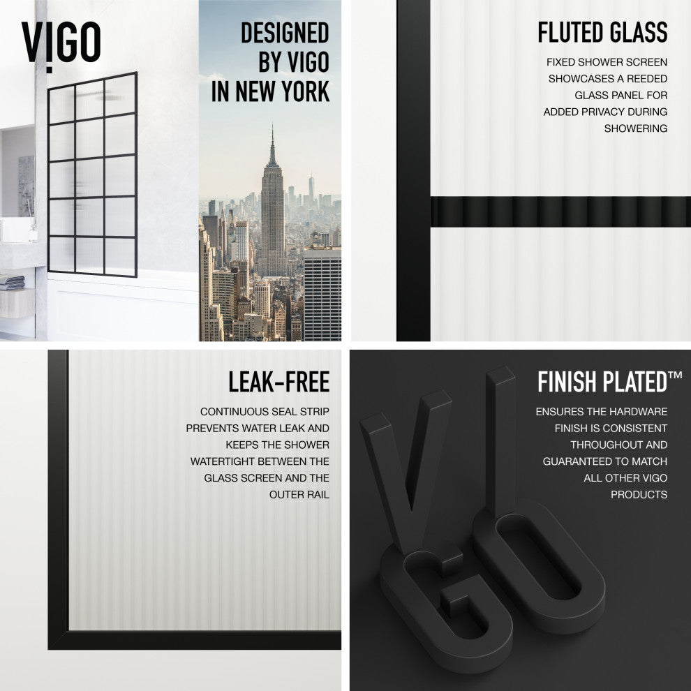 VIGO Mosaic Framed Fixed, Matte Black, Tub Screen, 34" W X 62" H, Fluted Glass