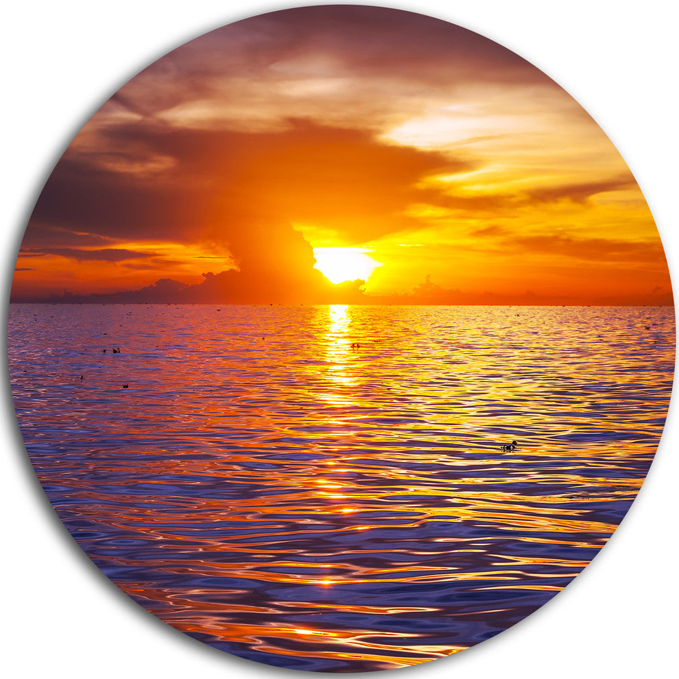 Beautiful Yellow Sky At Gloomy Beach, Seashore Disc Metal Artwork, 23"
