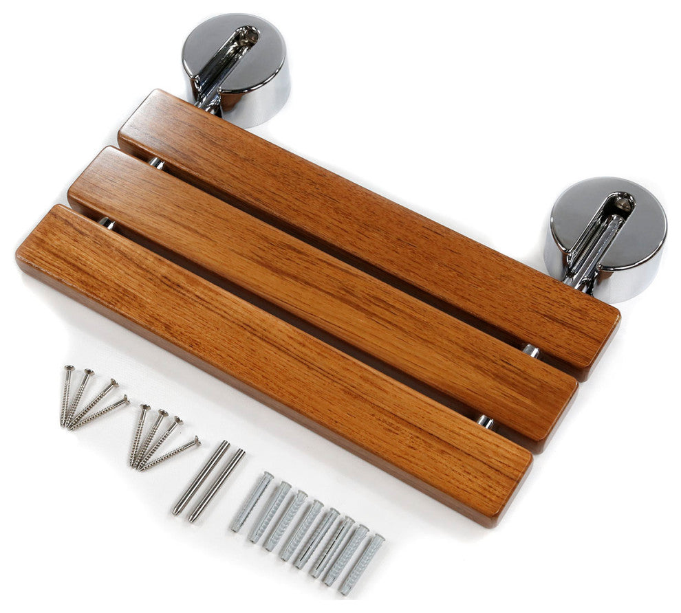 20" Teak Wood Folding Shower Seat Bench, Foldable Wall Mounted Seat
