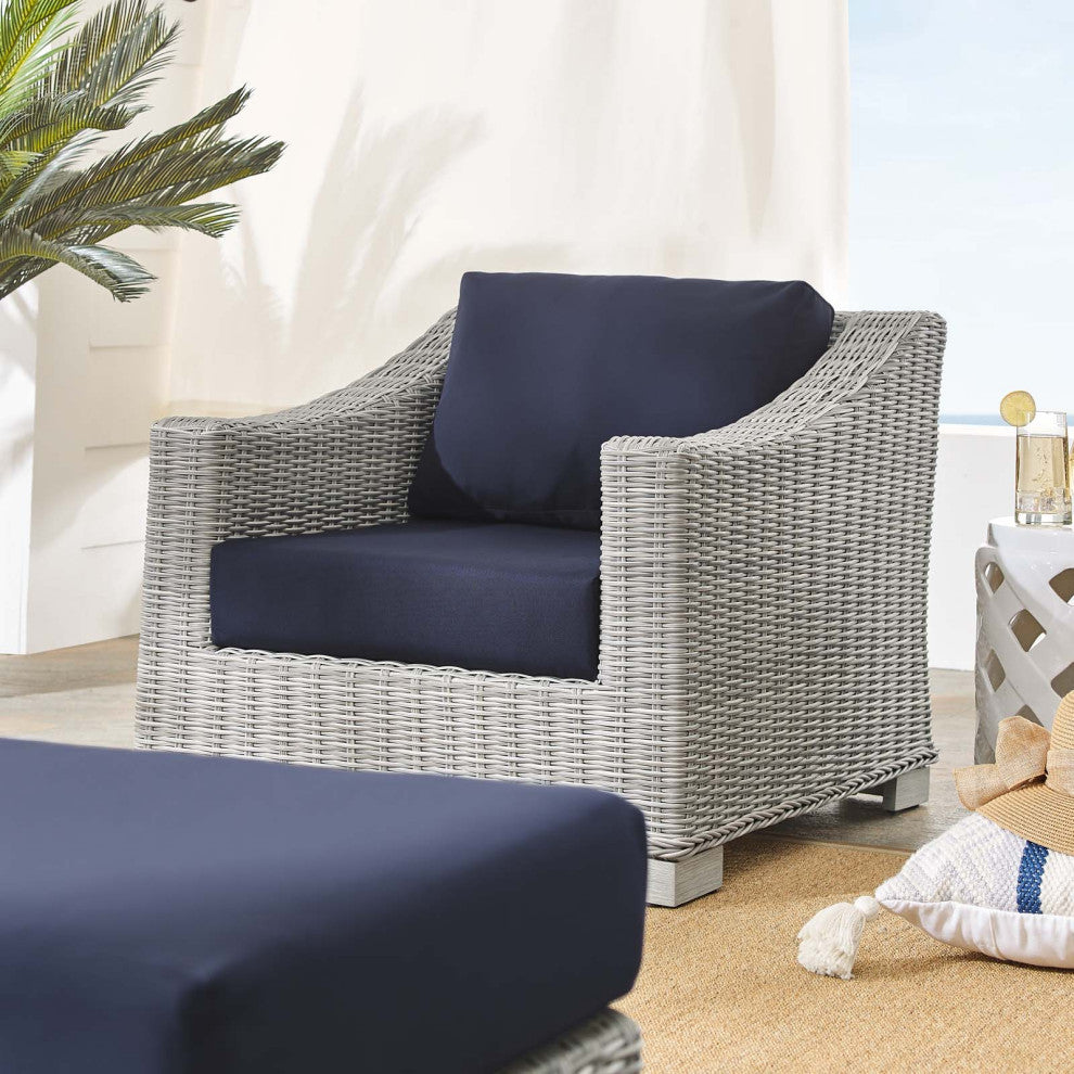Lounge Chair and Ottoman, Sunbrella, Rattan, Gray Blue Navy, Outdoor