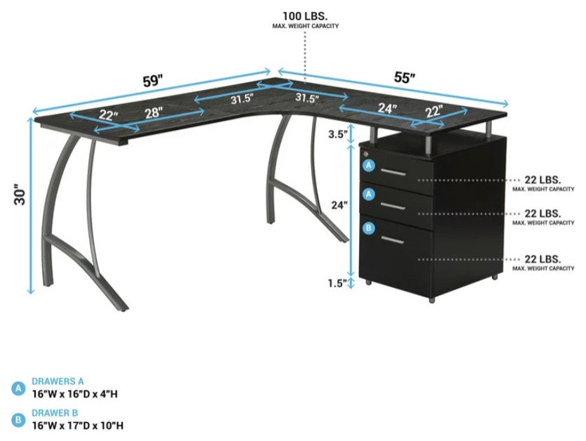 Modern L-Shaped Desk, Lockable File Cabinet & Spacious Curved Worktop, Espresso