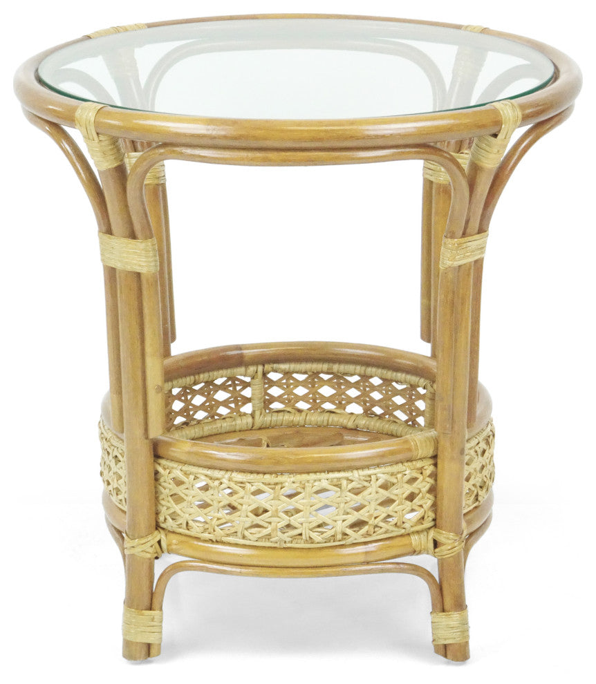 Pelangi Round Rattan Wicker Coffee Table With Glass, Natural
