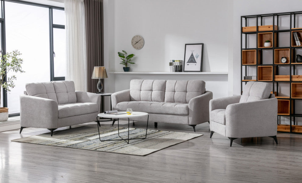 Callie Woven Fabric Sofa Loveseat Chair Living Room Set, Light Gray