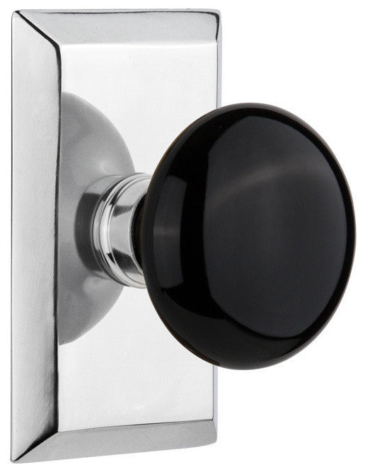 Single Studio Plate With Black Porcelain Knob, Bright Chrome