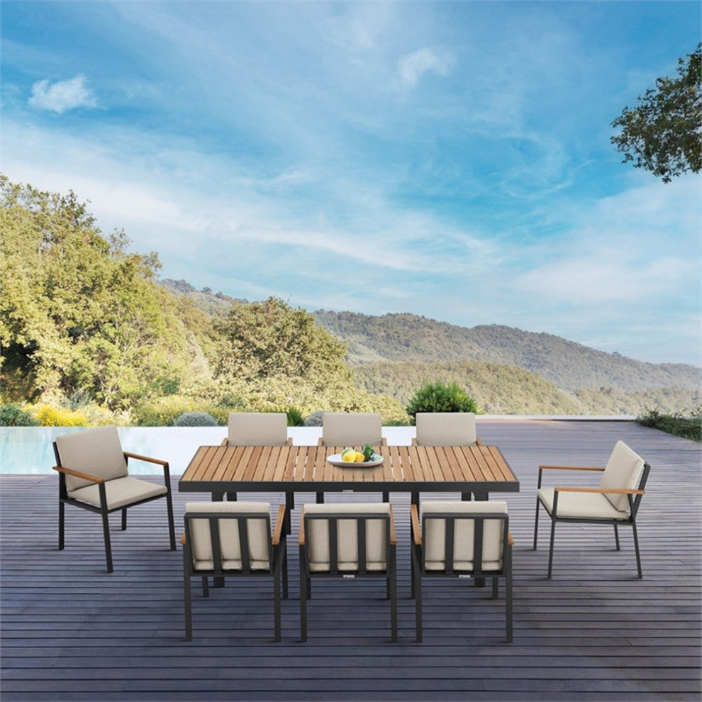 Armen Living Nofi 9-Piece Aluminum & Fabric Patio Dining Set in Taupe/Charcoal