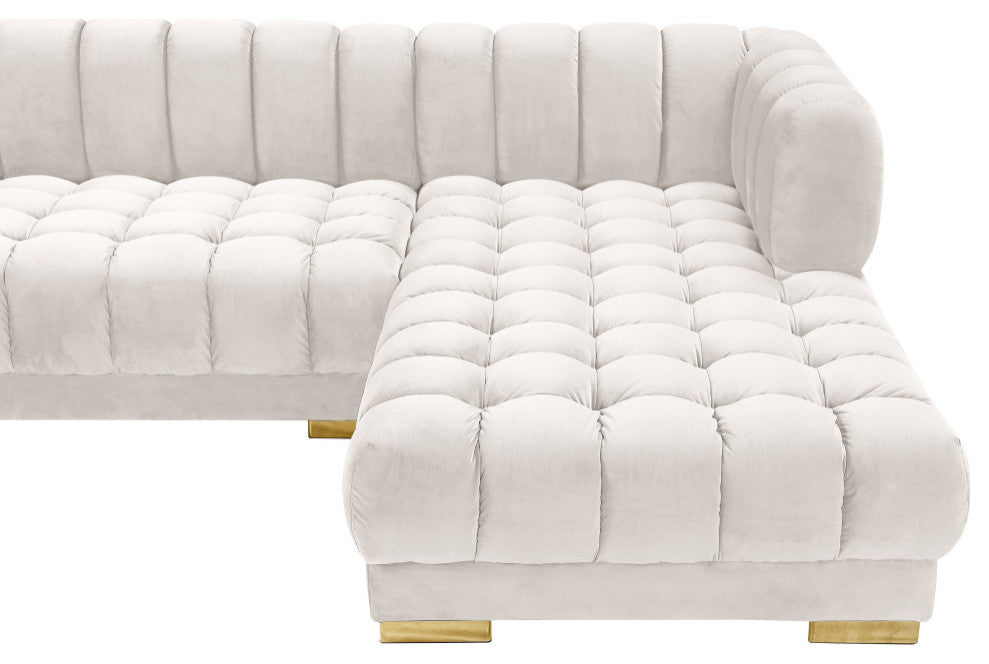 Gwen Biscuit Tufted Velvet Upholstered 3 Piece Sectional, Cream