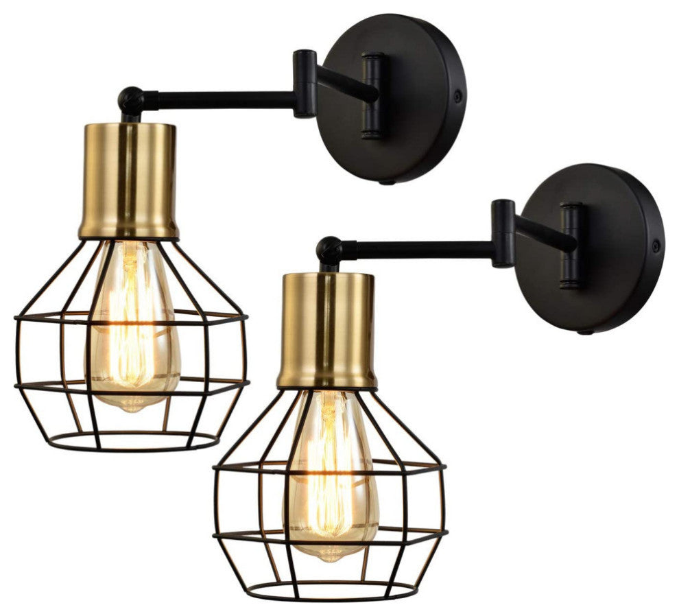 2 pack swing arm wall sconce black and gold cage wall lighting fixture