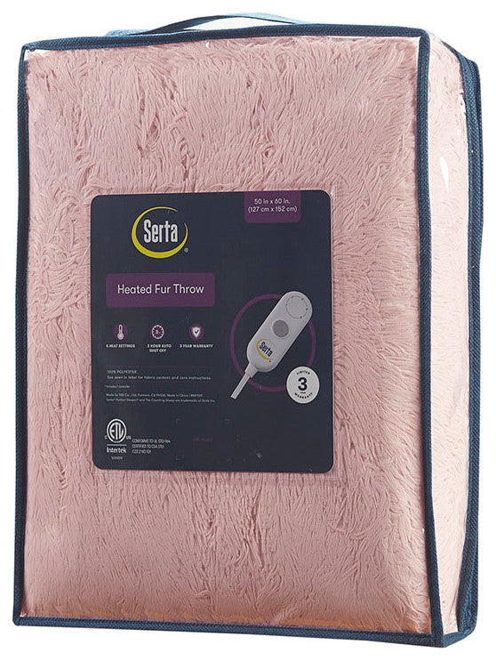 Serta Malea Shaggy Faux Fur Heated Throw, Blush