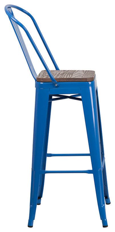30" High Metal Barstool With Back and Wood Seat, Blue