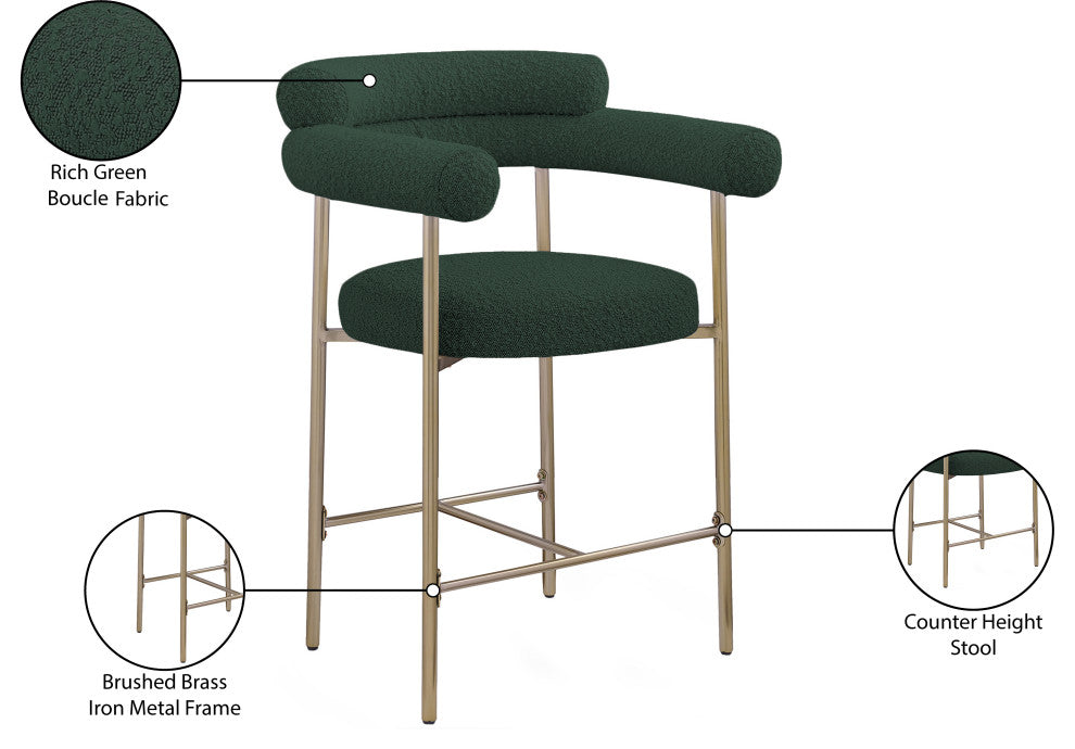 Blake Boucle Fabric Upholstered Counter Stool, Set of 2, Green, Brushed Finish